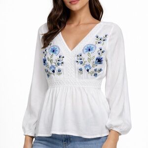 MyStyle White Floral Embroidered V Neck Boho Peplum Top Womens Size S